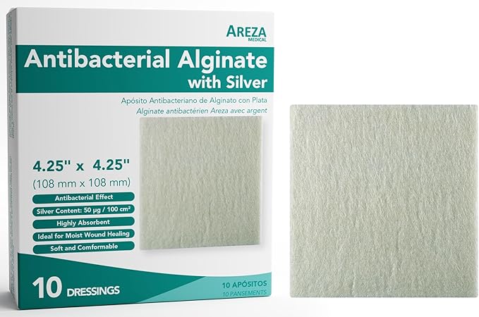 Areza Silver Calcium Alginate Antibacterial Wound Dressing Pads – Sterile, Non-Stick, Highly Absorbent; for Wound Drainage & Infection Risk (4.25″×4.25″, 10-Pack per Box), 1 Box