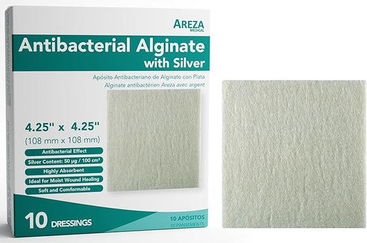 Areza Silver Calcium Alginate Antibacterial Wound Dressing Pads – Sterile, Non-Stick, Highly Absorbent; for Wound Drainage & Infection Risk (4.25″×4.25″, 10-Pack per Box), 1 Box