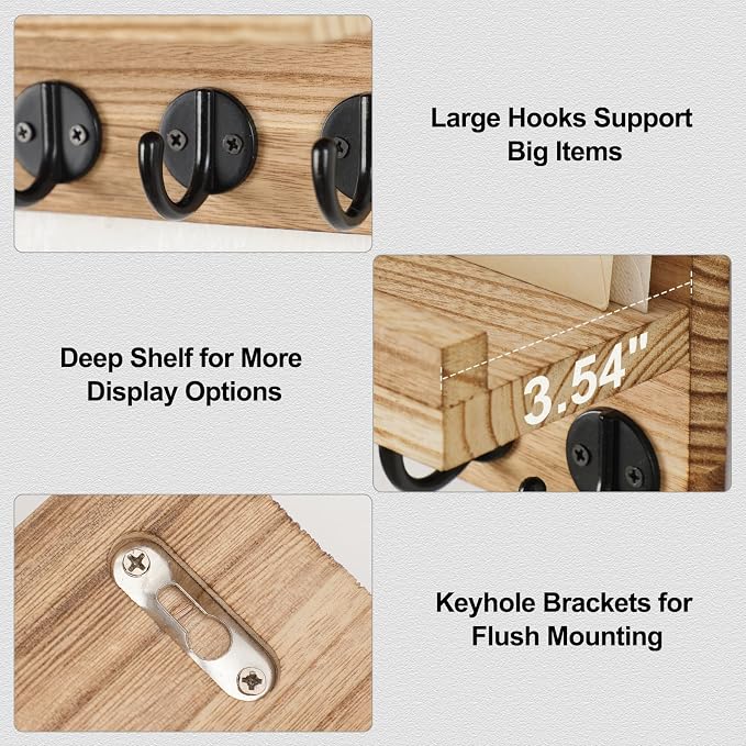 Lwenki Key Holder for Wall, Decorative Key and Mail Holder with Shelf Has Large Key Hooks for Bags, Coats – Paulownia Wood Key Hanger with Mounting Hardware (9.8”W x 6.7”H x 4.2”D) (Burnt Wood)