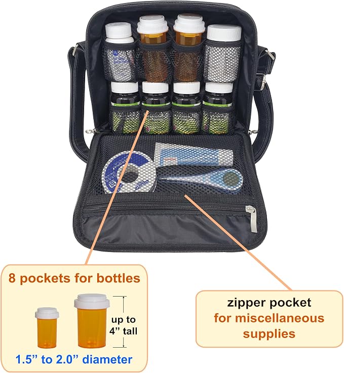 Medium 2-in-1 Pill Bottle Organizer, Crossbody Purse | Prescription bottle organizer with shoulder strap holds 8 pill bottles plus phone, wallet, keys, Black