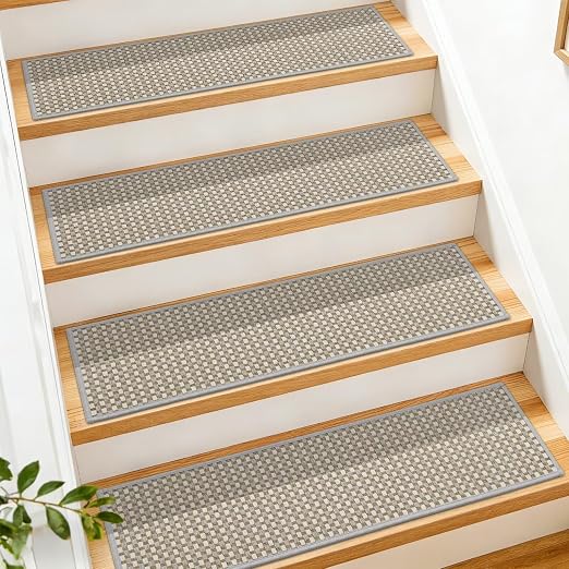 DEXDE Stair Treads for Wooden Steps 15-Pack Non-Slip Indoor, 9" x 30" Grey | Chenille & Linen Blend Carpet Stair Runners Backing, Soft Self-Adhesive Washable Stairway Step Covers for Kids Elders Dogs