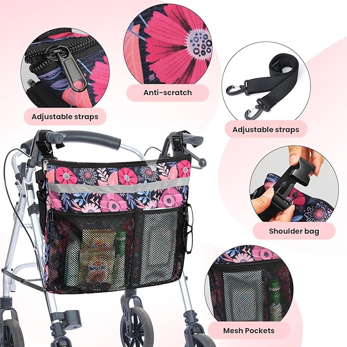 Wheelchair Accessories Backpack to Hang on Back Walker Storage Bag with Multiple Pockets for Seniors Adults