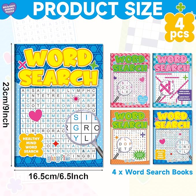 4 Pack Large Word Search Puzzle Books for Adults Aging Seniors 6.5x9 Inches Word Find Puzzle Books with Large Print Words Activity Book Variety Themes Brain Games and Stress Relief