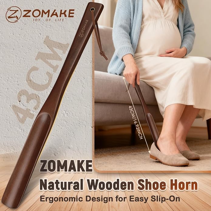ZOMAKE Wooden Shoe Horn Long Handle for Seniors Men Women 16.5"/16.9" | Wood Long Shoehorn Boot Horn, Shoe Spoon Helper, Shoes Protection, No Bend Over, Easy Shoe Wear for Home Use