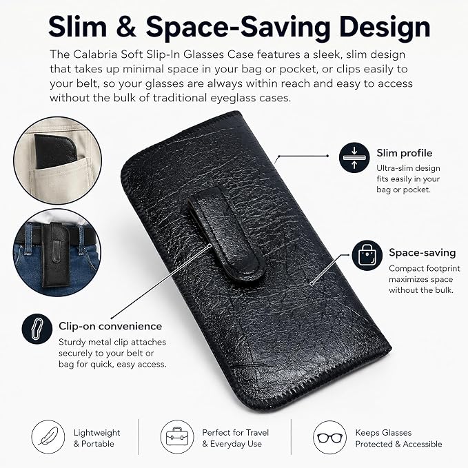 Calabria Soft Slip-In Glasses Case with Pocket Metal Clip Black for Men/Women Synthetic Leather Felt Lining 6.5"x3" - 100PACK