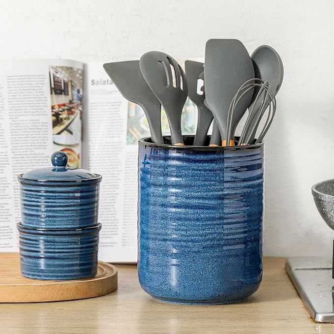 HASENSE Kitchen Utensil Holder, 7.4" x 6.2" Ceramic Utensil Holder for Countertop, Stable Cooking Utensil Organizer Crock for Spatula, Modern Kitchen Decor for Christmas, Blue