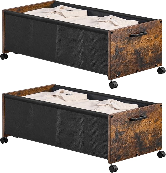 FOUCSSOMEI Under Bed Storage with Wheels, Wooden Under Bed Drawers On Wheels, Rolling Under Bed Shoe Storage, Space Saving, Rustic Brown,90L