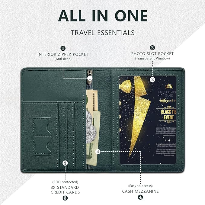 BAPHITY Genuine Leather RFID Blocking Slim Travel Passport Holder，green | Top-Grain Leather, RFID Blocking, Multi Slots (3+2 SD), Slim, Unisex Multi-Function Holder, Travel Sleeve