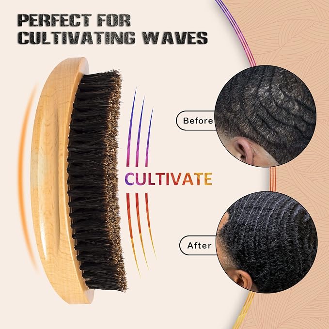 Soft 360 Wave Brush for Men, 100% Pure Boar Bristle Hair Brush for Men, Beech Wood Curved Palm Brush for Fresh Cuts, Beginners, Short Hair Waves & Beard Grooming
