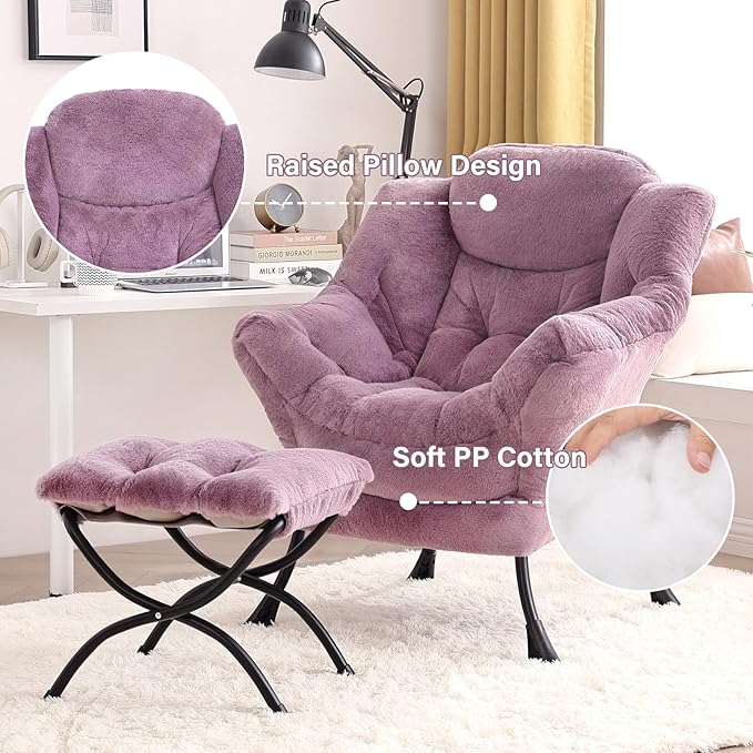 Tiita Lazy Chair with Ottoman, Modern Large Accent Lounge Armchair, Comfy Leisure Sofa Reading Chair with Footrest for Bedroom, Living Room, Dorm Rooms, Garden and Courtyard, Plush Purple