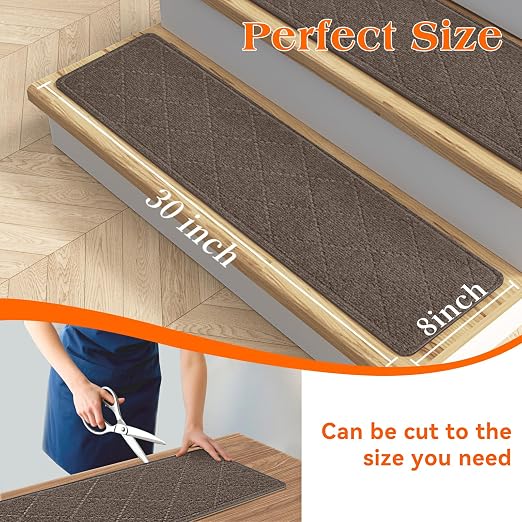 Stair Treads for Wooden Steps 10 PCS Non Slip Stair Rugs Brown | 8x30in Self-adhesive Stair Runner Strips, Machine Washable, Indoor Carpet for Stairs, Stair Protection for Kids Pets Elderly