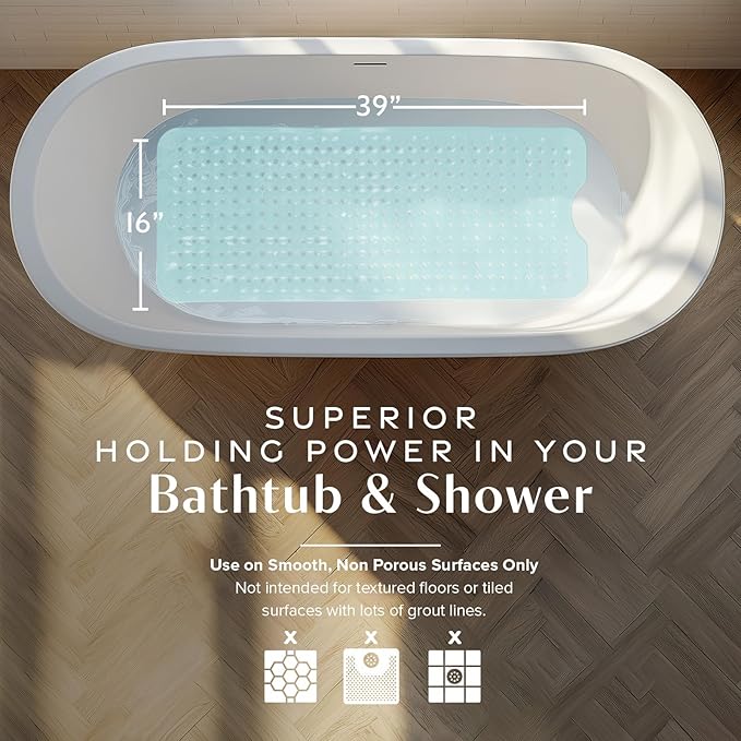 SlipX Solutions Power Grip Bathtub Safety Mat | Precision Grip Technology for Longer, Stronger, & Softer Wet Surface Protection | Solid Seafoam 39"x16"