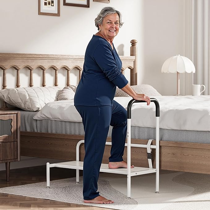 Bed Step Stool for Adults, Bedside Steps for Elderly Seniors with Non-Slip Handle & LED Light, Stable Assist Rail for High Beds with Storage Bag