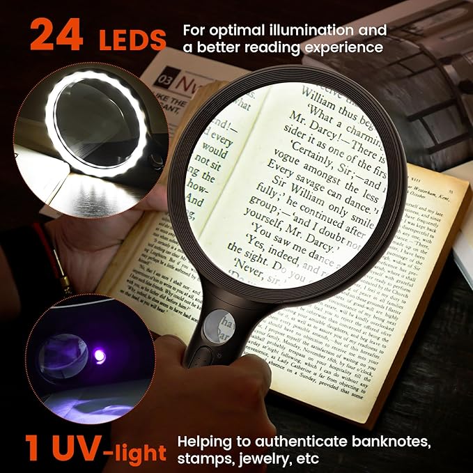 Magnifying Glass with Light Large 24 LED, Handheld Illuminated Lighted Magnifier 1UV Light for Seniors, Close Work, Reading, Coins, Jewelry
