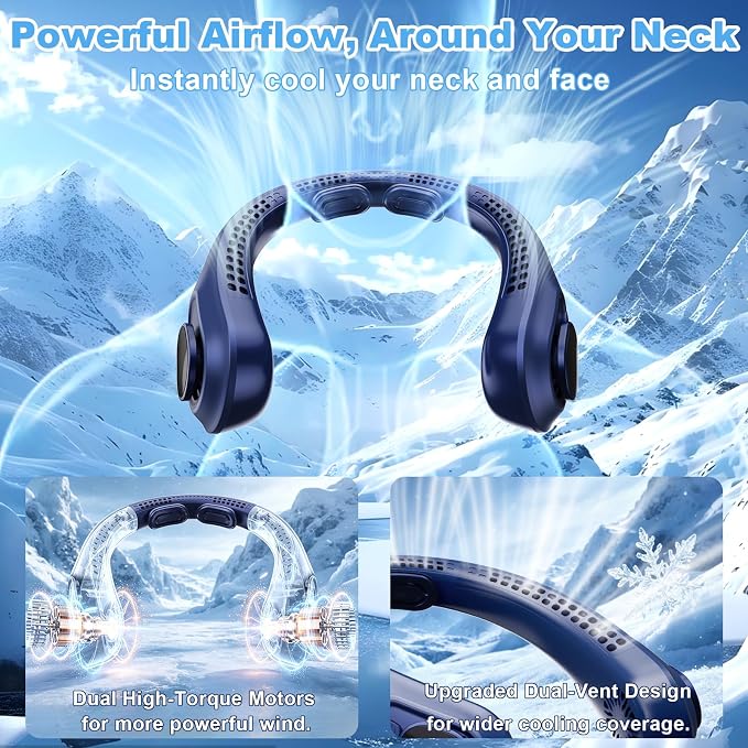 Portable Neck Fan Rechargeable - [with LED Display] 5 Speeds, 5000 mAh Battery Operated Wearable Personal Cooling Bladeless Fan for Outdoor Travel, Gifts for Men Women Kids,Dark Blue