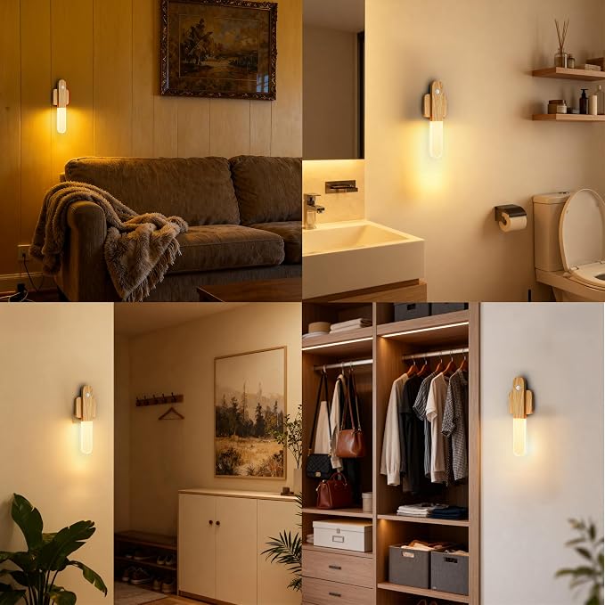 Motion Sensor Light Indoor - Wireless Wall Light, lumi Light, Magnet Rechargeable Wall Sconces, Portable Night Lights, LED Lights for Closet, Bathroom (Beech 3PCS)
