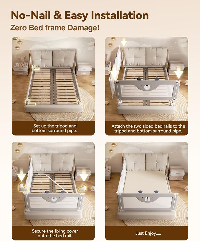 2 Piece Bed Rails for Queen Bed, No-Drill Needed Baby Bed Rail Guard | Thickened Child Safety Side Railing Guards, Height Adjustable Bedrail for Kids, 2-Side for Queen Bed , 60”x78.7”,Grey Bear
