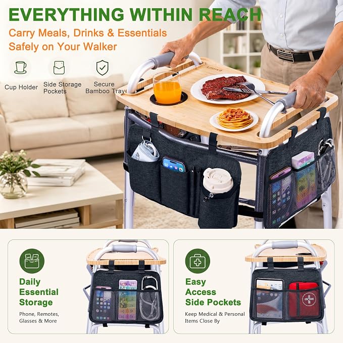 Walker Tray Table with Pockets & Cup Holder for Folding Walkers, Foldable Bamboo Walker Tray for Seniors, Stable Walker Accessories with Raised Edges for Meals, Drinks, Reading &Daily Living