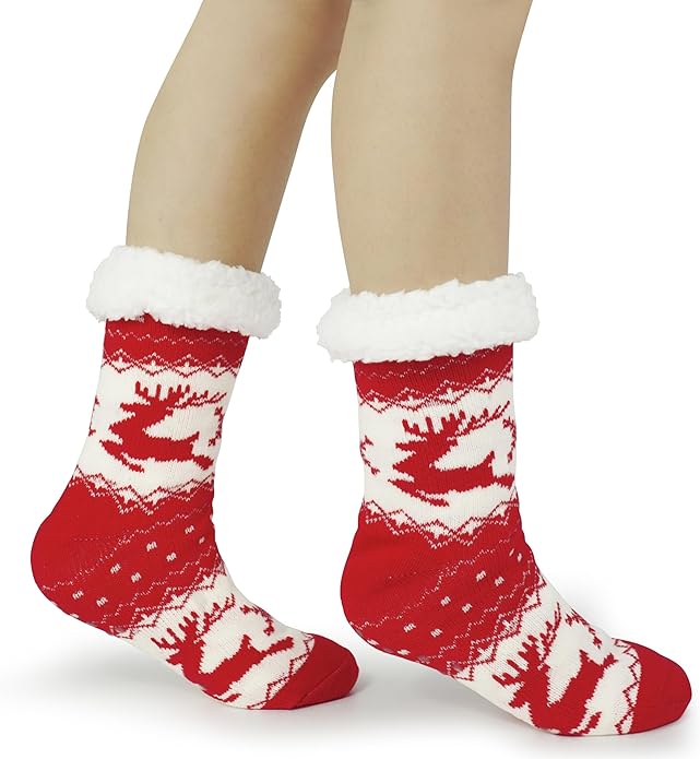 Slipper Socks for Women with Gripper - Winter Non Slip Thick Fuzzy Socks - Warm Cozy Christmas Gift
