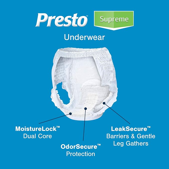 Presto Supreme Classic Unisex Protective Underwear, Adult X-Large (58"–68" Waist) - Maximum Absorbency, Incontinence Underwear with OdorSecure & MoistureLock Dual Core, 56 Count (4 Bags of 14)