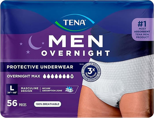 Tena Men Protective Incontinence Underwear Overnight Max Absorbency, L, 56 Count (Waist Size 34in-44in)