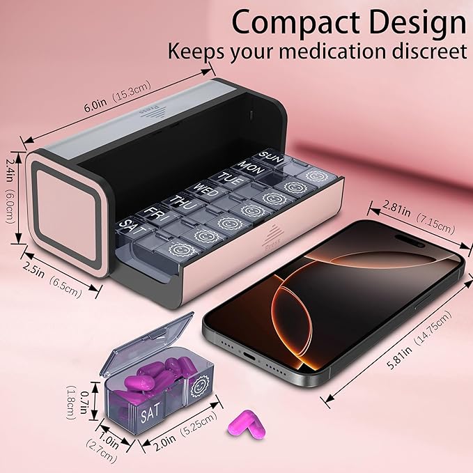 Pill Organizer, Weekly 2 Times a Day for 7 Day Leather Medicine Box Travel Container, Removable Am Pm Vitamin Case, Twice Daily Privacy Pill Holder, Portable Pillbox (Silver and Pink)