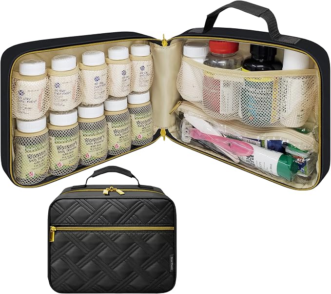 Large Quilted Medicine Organizer Bag - 10 Pockets Soft Pill Bottle Organizer for Travel & Home Storage - Black