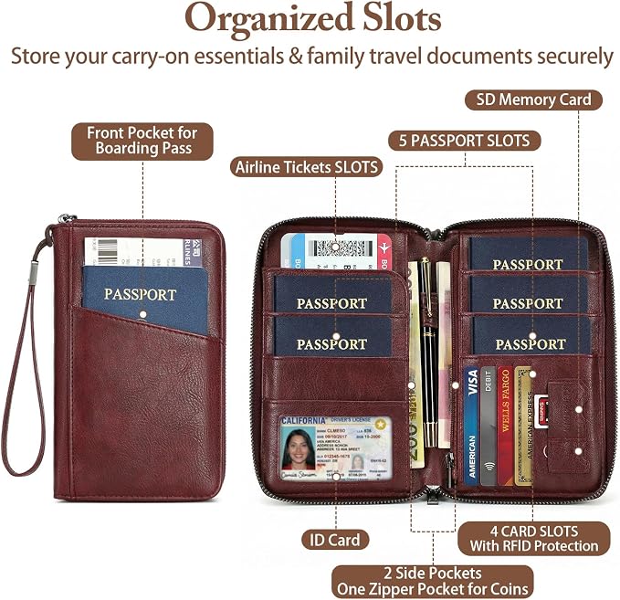 Family Passport Holder for Travel Women and Men Multiple RFID blocking Passport Holder MultiFunction Passport Wallet Passport Case Passport cover with Zipper