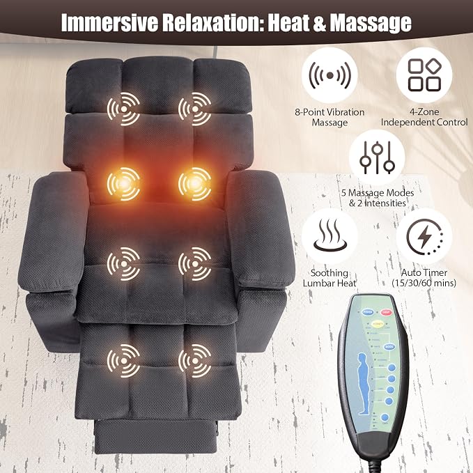 Power Lift Recliner Chair for Elderly, Dual Motor Oversized Recliner with Heat & Massage, Adjustable Headrest, Lay Flat Zero Gravity Recliner with Cup Holder, USB/Type-C Ports & Storage-Grey