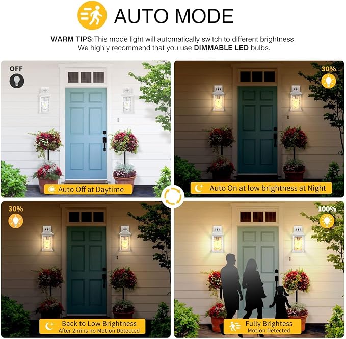 VIANIS 2 Pack Motion Sensor Outdoor Wall Lantern, Exterior Light Fixture | Anti-Rust & Waterproof, White Dusk to Dawn Outdoor Lighting Wall Mount, Tempered Glass, For House Front Porch Garage Entryway