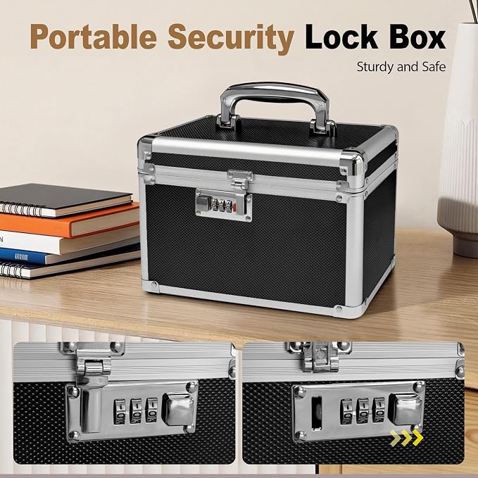 Black Medication Combination Lock Boxes with Code for Personal Items, Medicine Lockbox for Documents 9.76 x 6.02 x 7.48 Inches Colorful Small