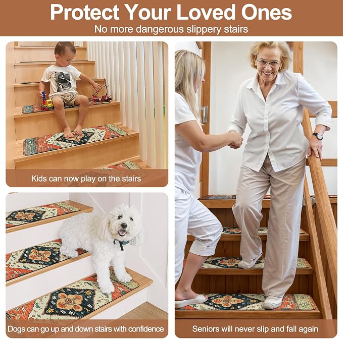 OJIA Stair Treads Non-Slip Matching Mat for Wooden Steps 31"x31" Stair Rugs | Square Capet Stair Treads Rubber Backing Stair Runner Anti-Slip Stair Landing Mat Stair Mats Carpet for Stairs