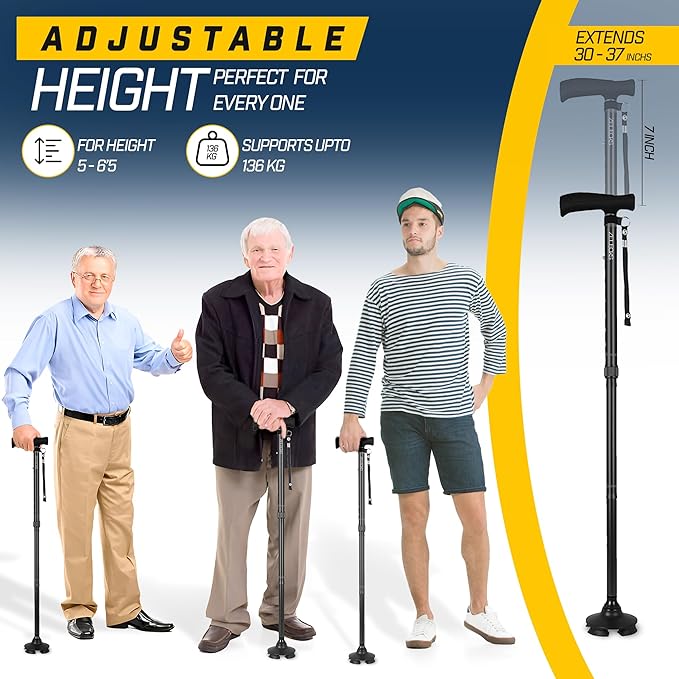 ZELECKS Walking Cane for Women & Men - Self Standing Adjustable Folding Cane with T Handle and 360 Pivot Base - Lightweight Foldable Walking Stick for Seniors - Collapsible Cane for Walking