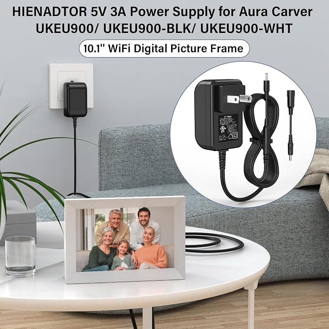 5V 3A Photo Frame Charger Fit for Aura Carver Digital Picture Frame UKEU900 | Power Cord AC Adapter Fit for Aura Carver UKEU900-BLK UKEU900-WHT 10.1'' SR-A30503000U2 5VDC 5.0V 3.0A DC5V