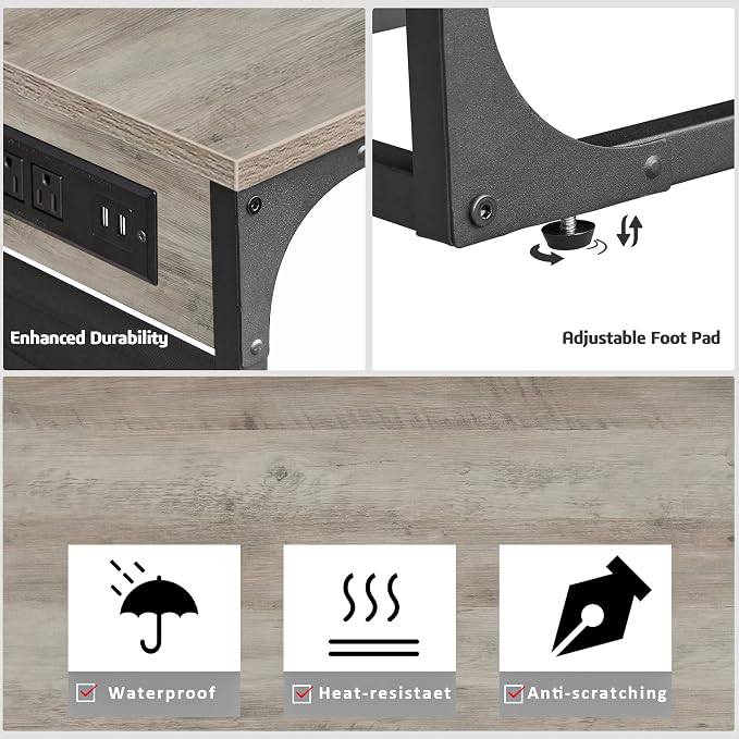 TUTOTAK C Shaped End Table with Charging Station, Side Table for Sofa | Couch Table with Storage Bag, TV Tray with 2 USB Ports and Outlets, Living Room and Bedroom, Greige TB01BG024