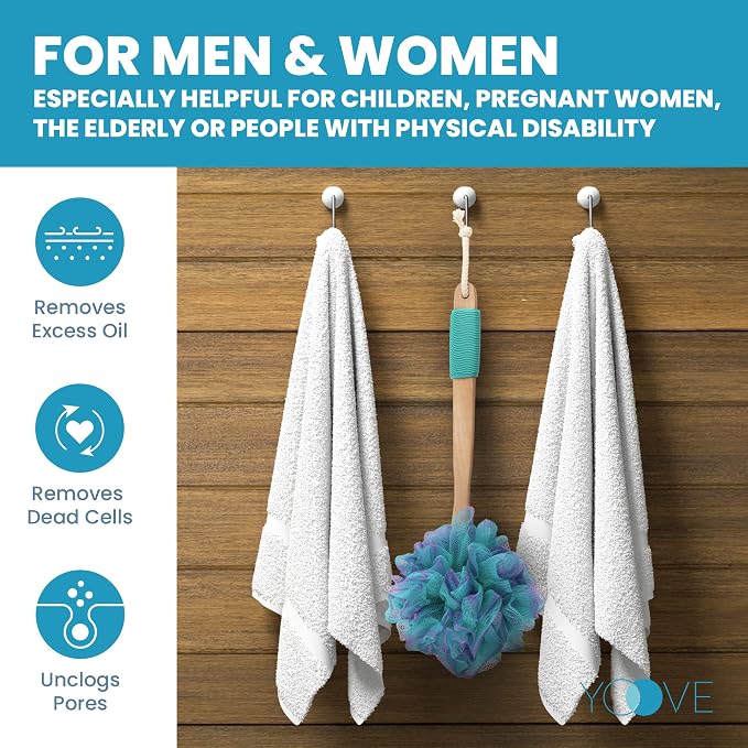 Yoove Body Scrubber Loofah with Handle - Green Shower Pouf | Charcoal infused shower loofah with long handle - back scrubber for women - exfoliating bath pouf for deep skin cleansing