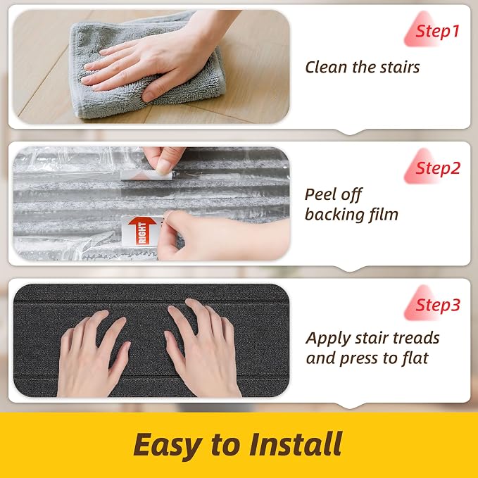 JSEI Stair Treads for Wooden Steps Indoor, 4-Pack, 30" x 8", Dark Grey | Non Slip Stair Treads, Washable Polyester Stair Mats with TPE Backing, Low Profile Stair Rugs for Kids, Seniors and Dogs