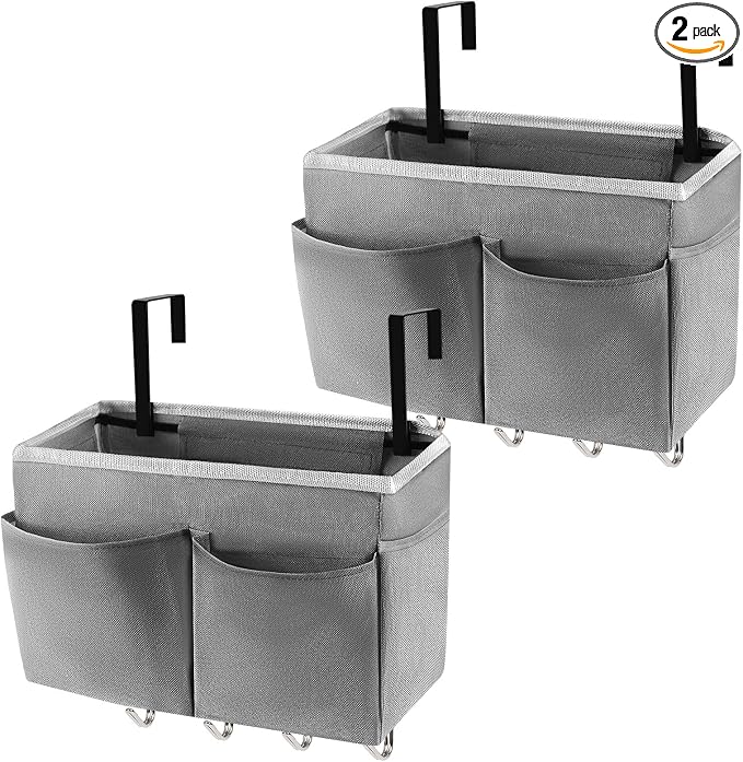 Bedside Caddy Organizer 5 Pockets 4 Hooks Bunk Bed 2Pack Grey | Hanging Storage Bag for Headboards