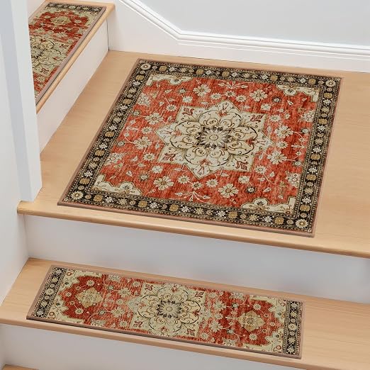 Non Slip Stair Treads for Wooden Steps, 1 Pack 30"x30" Washable Carpet | 30x30 in soft chenille polyester stair treads with reusable TPE backing for indoor wood stairs, dogs, kids, and seniors