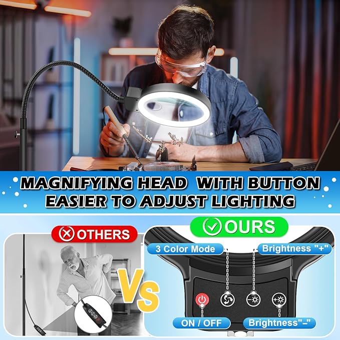 30X 10X Large Floor Magnifying Glass with Light and Stand | 2-in-1 Flexible Gooseneck Floor Magnifying Lamp,72 LED Lights, 3 Color Modes, Close Work,Sewing,Crafts,Hobbies