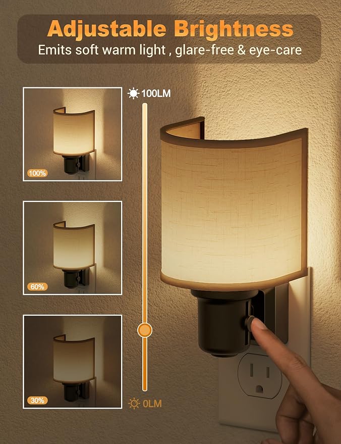 JandCase Night Lights Plug into Wall, LED Night Light Dimmable, Nightlight with Auto On Off Light Sensor, Warm White 3000K Night Lights, 0-100LM Brightness for Hallway Bathroom Bedroom Kitchen