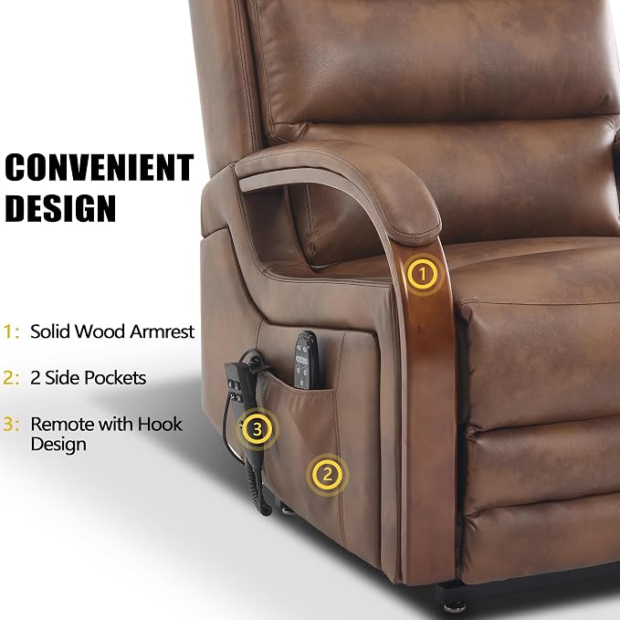 Power Lift Recliner Chair for Elderly People, Dual Motor Lift Chair with Vibration Massage and Heat, Lay Flat Recliner with Solid Wood Armrest, Standing Assistance Reclining, Faux Leather Brown