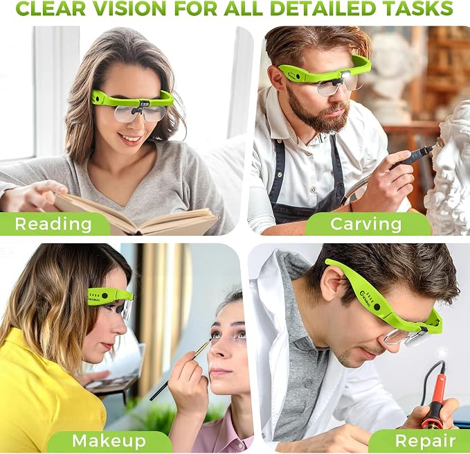 Magnifying Glass with Light, 1.5X-5.0X Magnifying Glasses 4 Lenses | Detachable,Light Weight Acrylic Lens, Rechargeable, Adjustable Magnifier Headset, Magnify Glasses for Close Work Crafts Hobby