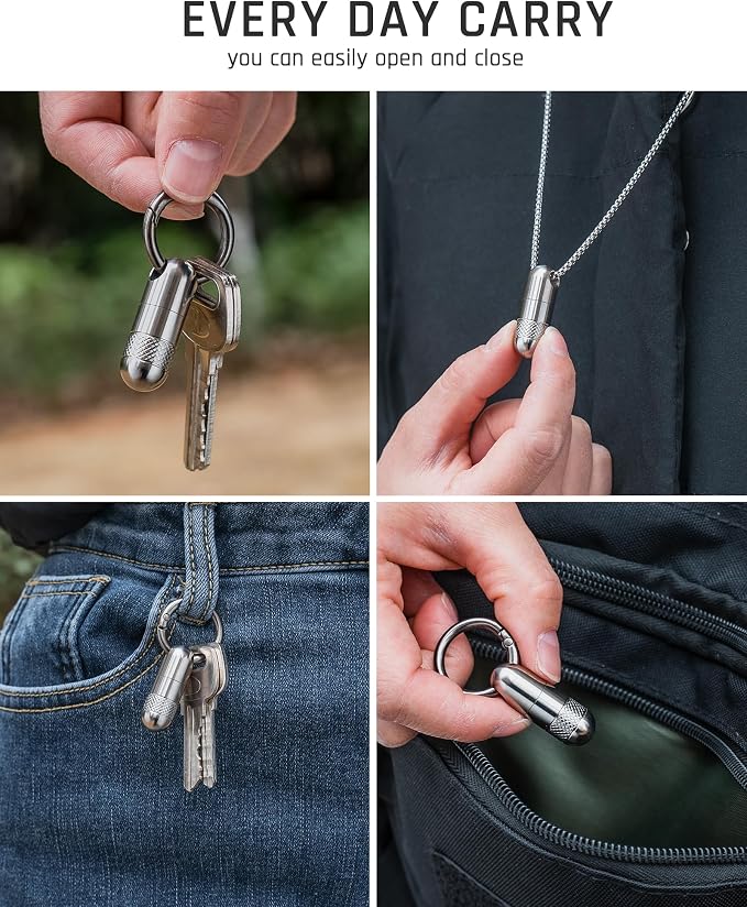 TISUR Small Titanium Keychain Pill Holder, Pocket Pill Case for Travel | Waterproof Pill Fob,Portable Pill Box Container,Purse Pill Organizer Tube