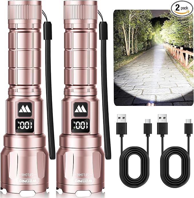WdtPro LED Rechargeable Flashlight 2 Pack, 3 Modes Super Bright High Lumens Flashlights, Zoomable Tactical Flash Light with LCD Display, IP65 Waterproof Flashlights for Home Emergency Camping - Pink