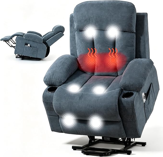 Power Lift Recliner Chair for Elderly, Electric Lift Chair with Vibration Massage and Lumbar Heat, Reclining Chair with USB Charging Port, Cup Holders, Ergonomic Sofa for Living Room, Blue