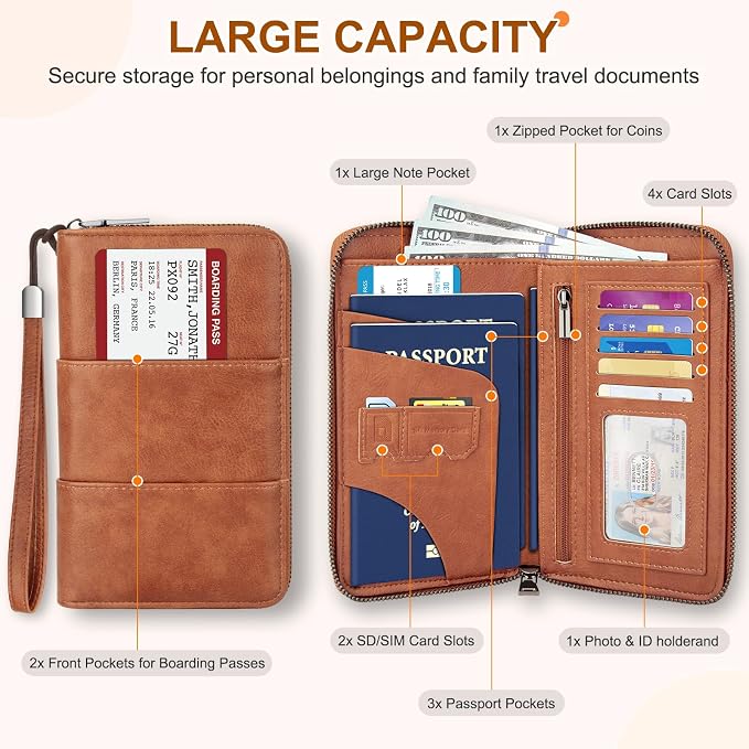 RFID Family Passport Holder Wallet - Travel Document Organizer | PU Leather, with Wristlet, Zipper, Cards, Boarding Pass, ID, Cash, Ticket Pockets,Travel Essentials Gifts for Women Men