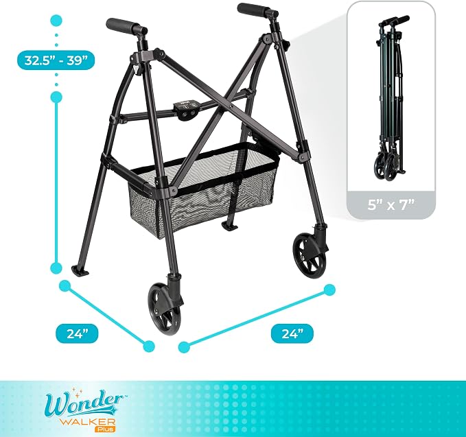Stander Wonder Walker Plus, Lightweight Folding Mobility Aid for Adults, Seniors, and Elderly, Collapsible Travel EZ Fold-N-Go with Wheels, Glides, & Basket, Matte Black