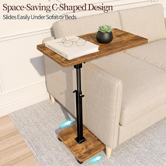 End Table Adjustable Height, 22.8"L Side Table Tv Tray with Wheels, 90° Tilting Panel Couch Table That Slides Under, Small End Table for Small Spaces, Overbed Bedside Desk Mobile Rolling Laptop Stand