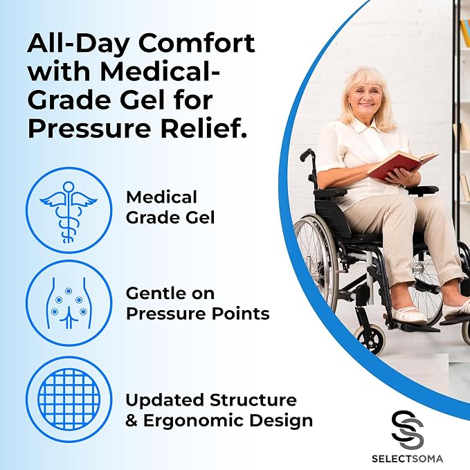 SelectSoma Gel Seat Cushion for Long Sitting, Pressure Relief for Sciatica, Tailbone, Coccyx & Back Pain, Office Chair, Wheelchair, Car & Truck – Travel with Handles Blue Gel